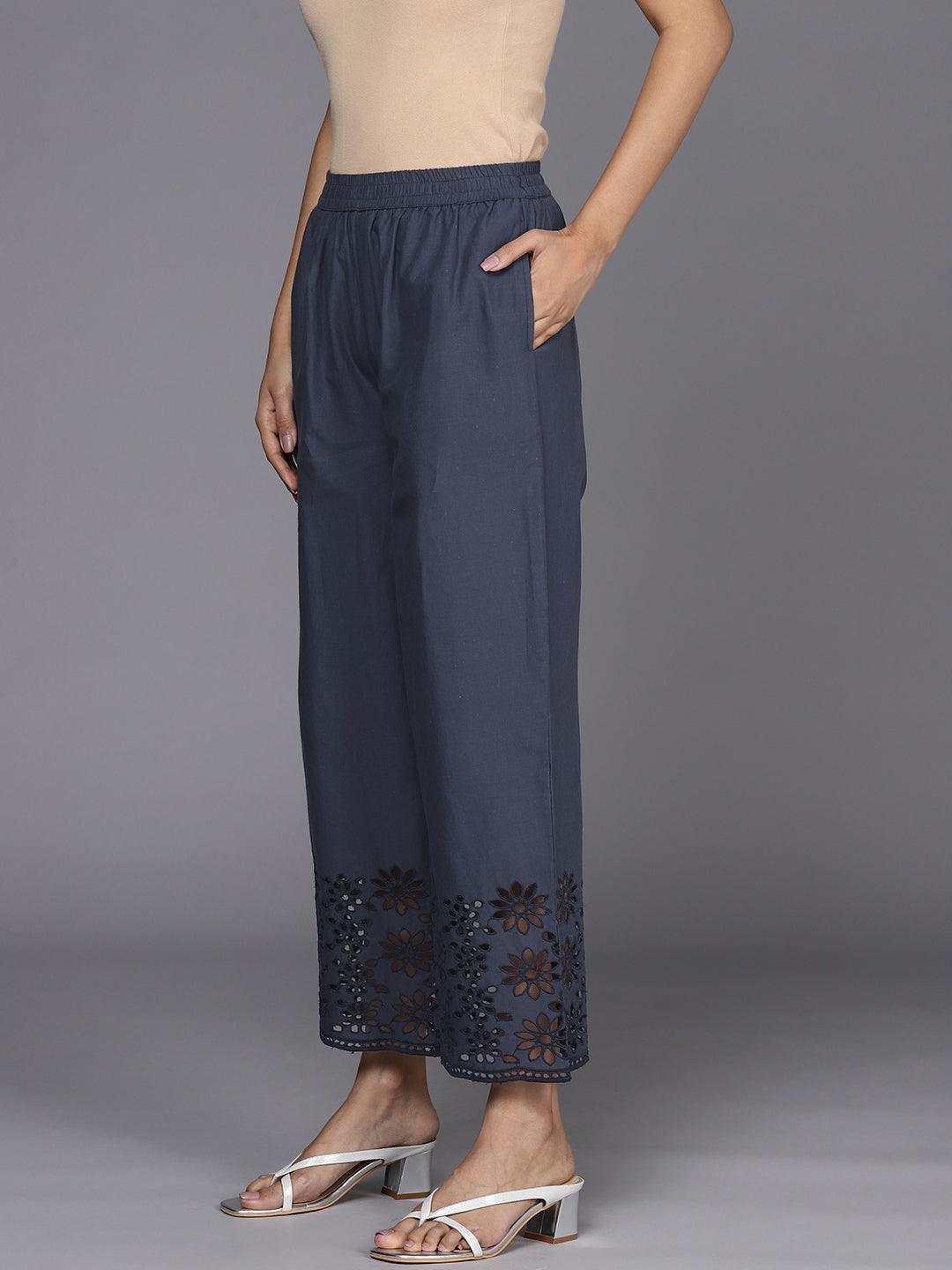 Blue Solid Cotton Palazzos - ShopLibas
