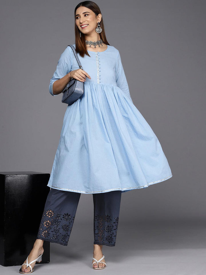 Blue Solid Cotton Palazzos