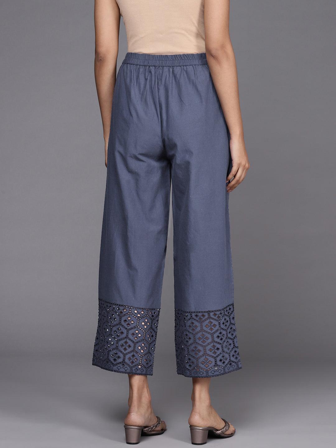 Blue Solid Cotton Palazzos - ShopLibas