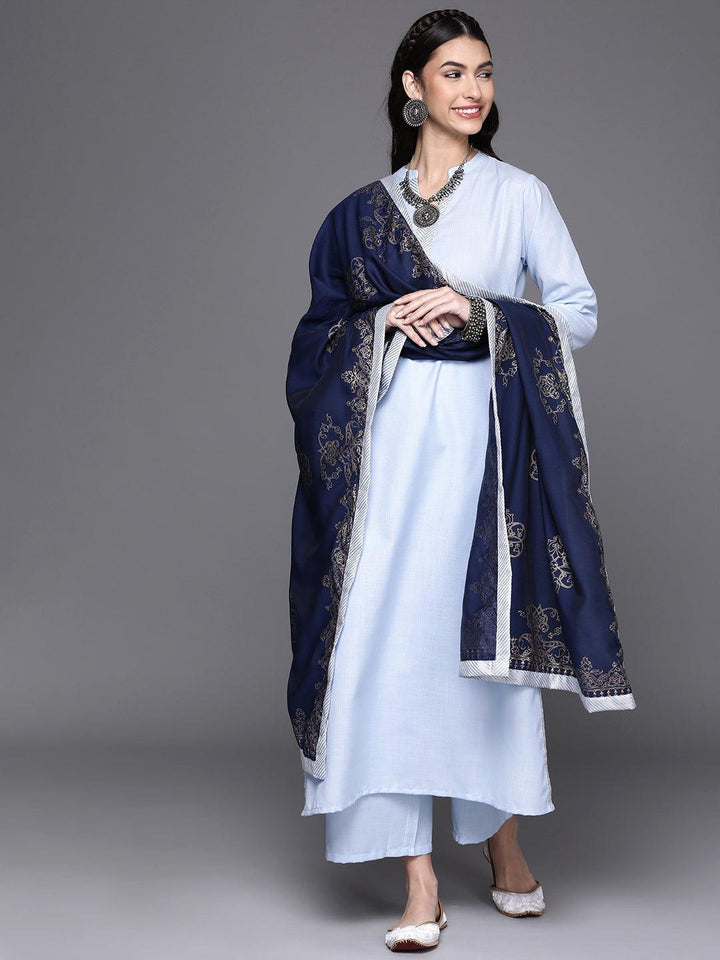 Blue Solid Cotton Straight Kurta With Palazzos & Dupatta