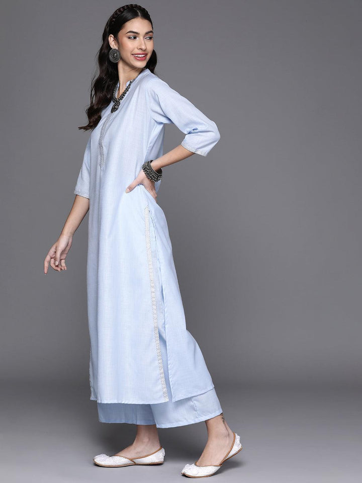 Blue Solid Cotton Straight Kurta With Palazzos & Dupatta