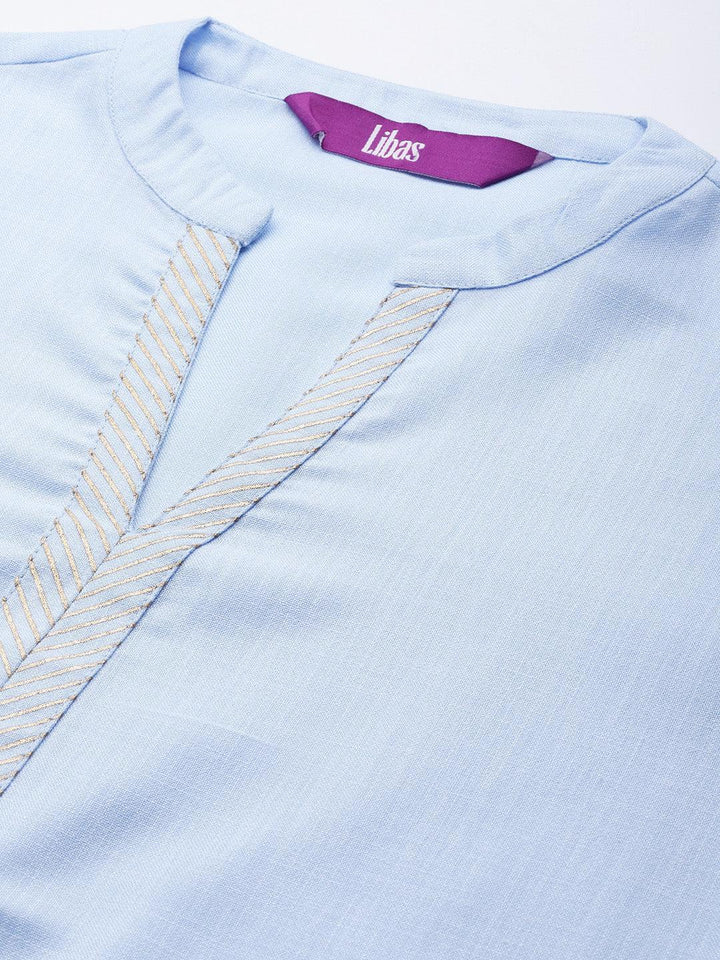 Blue Solid Cotton Straight Kurta With Palazzos & Dupatta