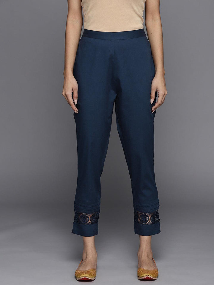 Blue Solid Cotton Trousers