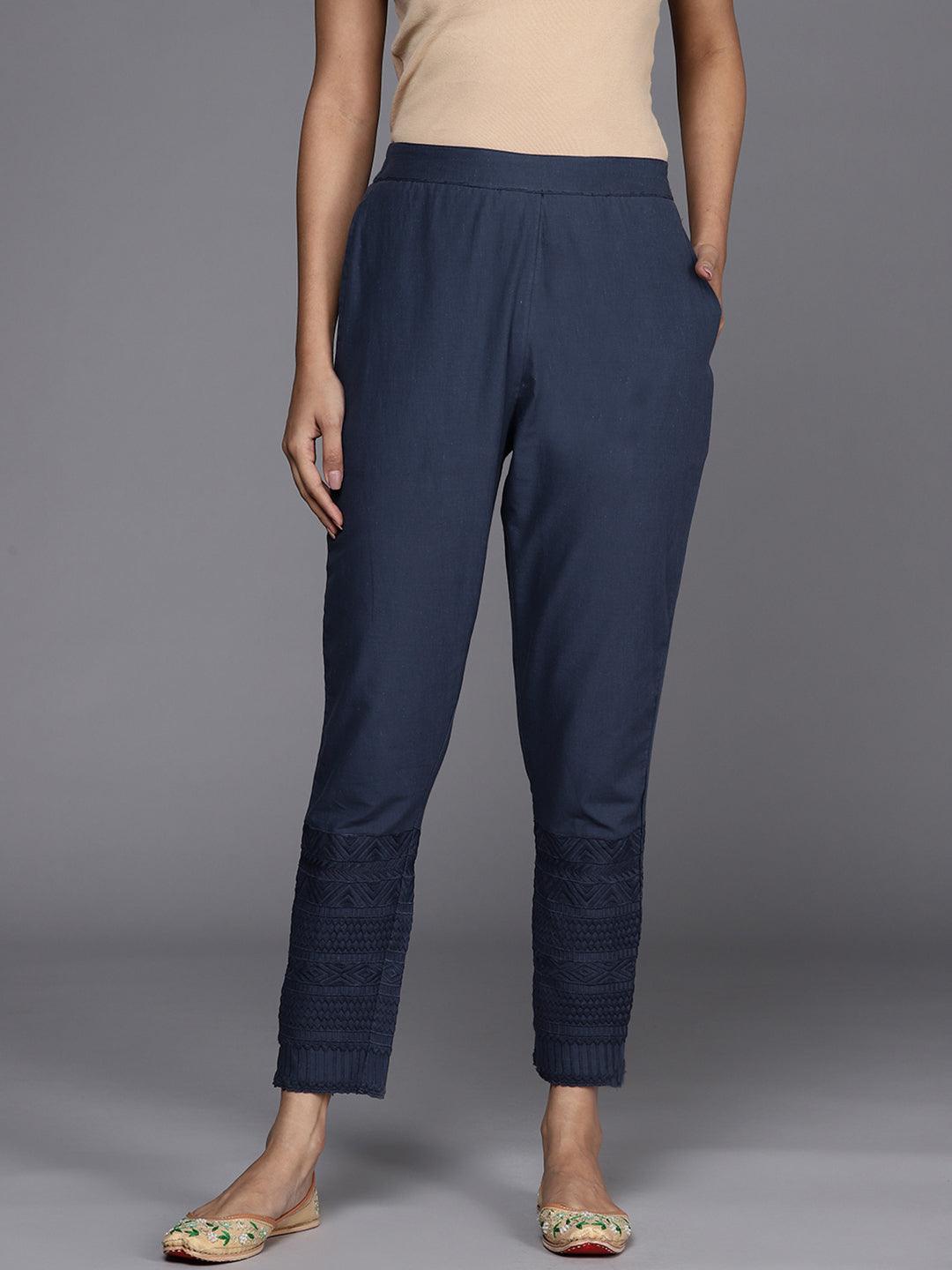 Blue Solid Cotton Trousers - ShopLibas