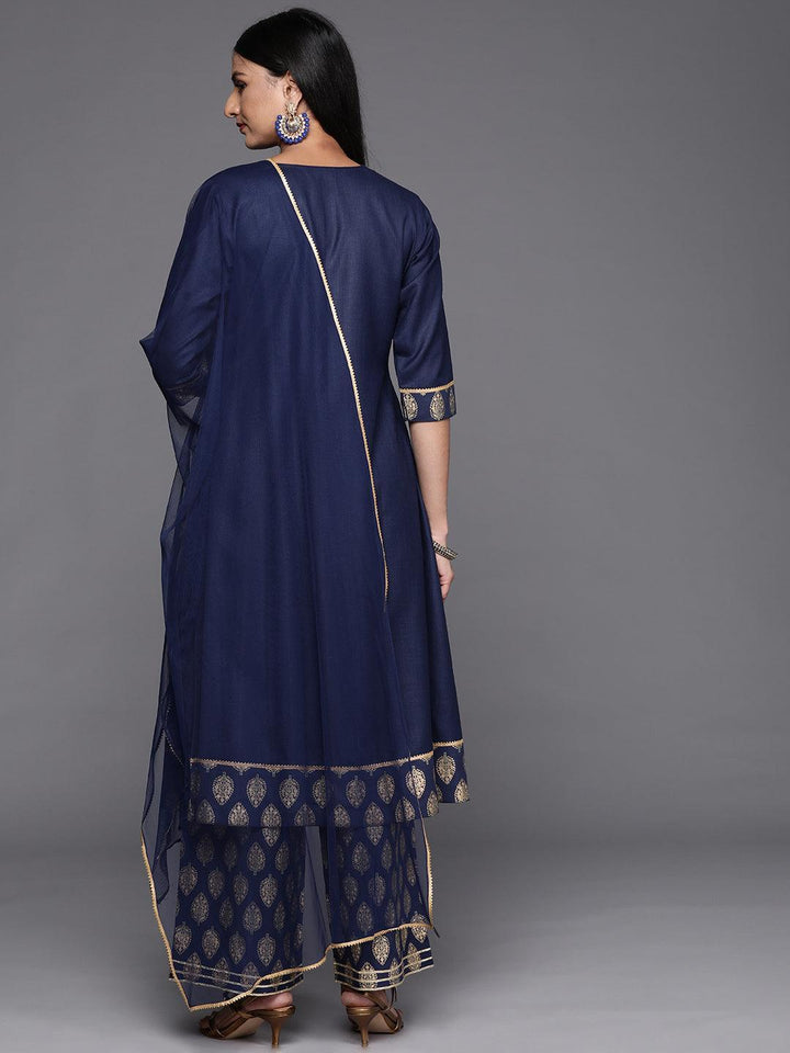 Blue Solid Rayon A-Line Kurta With Palazzos & Dupatta