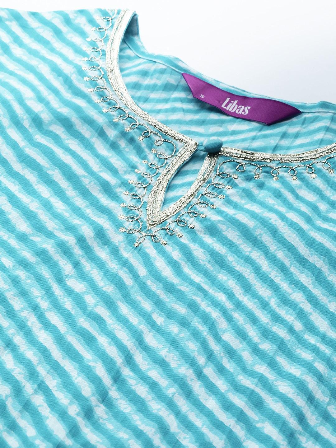 Blue Striped Cotton Straight Kurta - ShopLibas