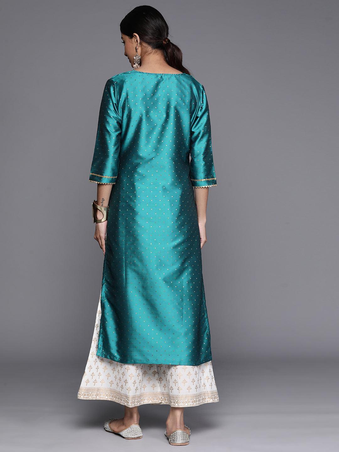 Blue Woven Design Art Silk Straight Kurta - ShopLibas