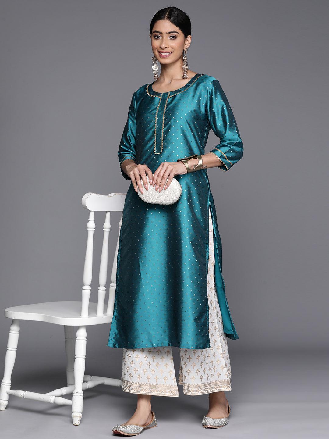 Blue Woven Design Art Silk Straight Kurta - ShopLibas