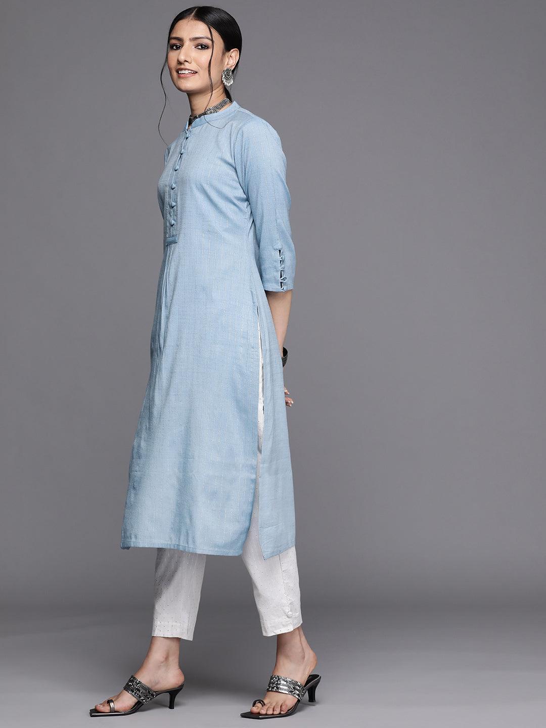 Blue Woven Design Cotton Kurta - ShopLibas