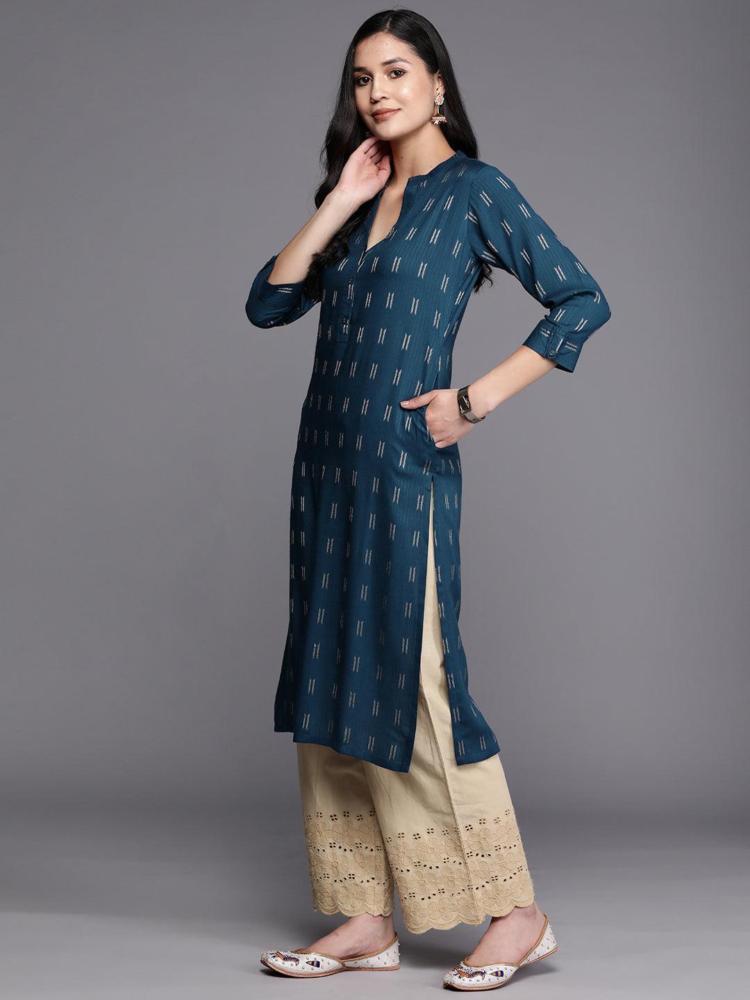 Blue Woven Design Rayon Straight Kurta - ShopLibas