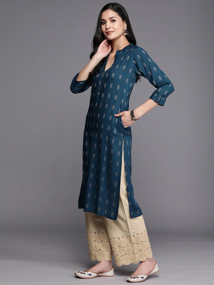 Blue Woven Design Rayon Straight Kurta