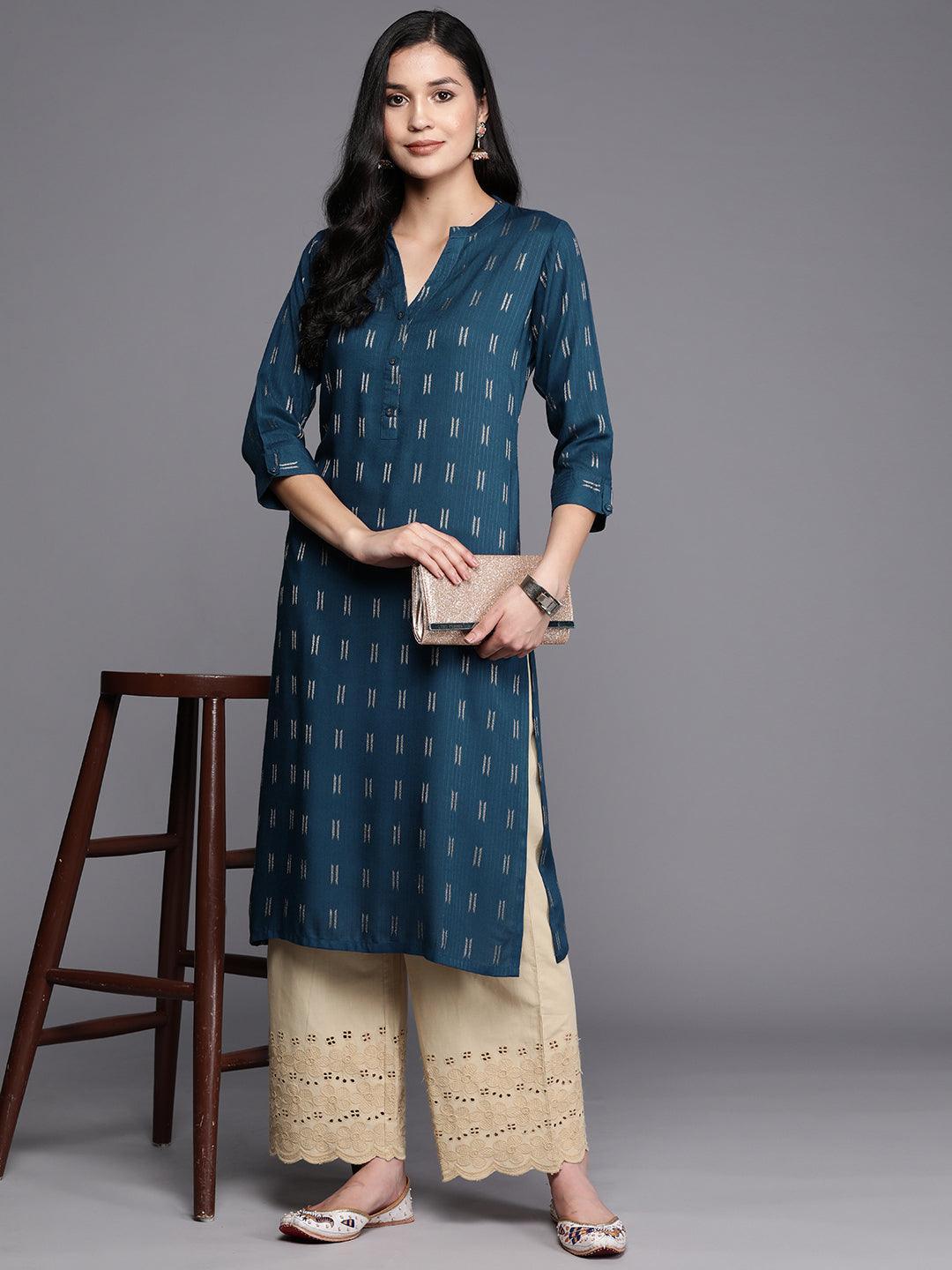 Blue Woven Design Rayon Straight Kurta - ShopLibas