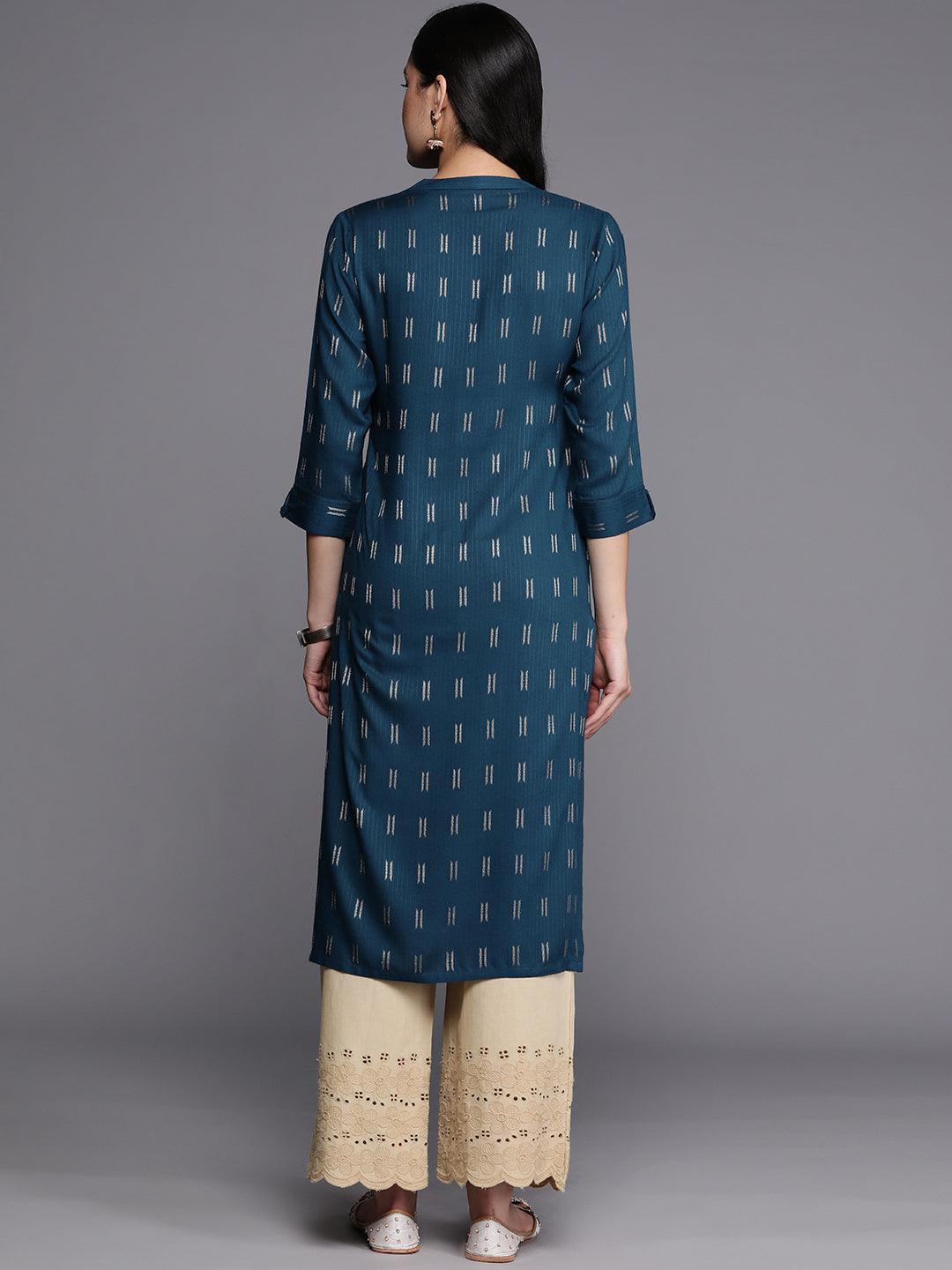 Blue Woven Design Rayon Straight Kurta - ShopLibas