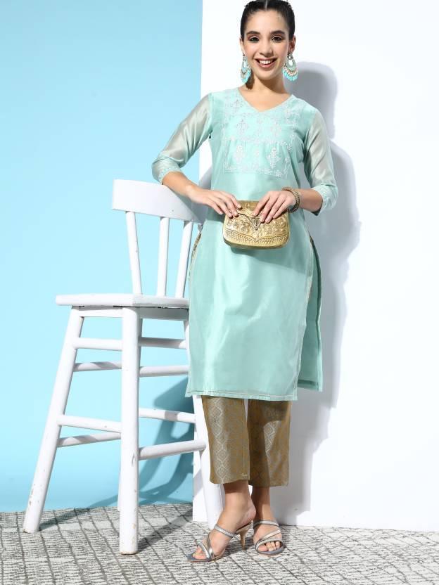 Blue Yoke Design Chanderi Cotton Straight Kurta - ShopLibas