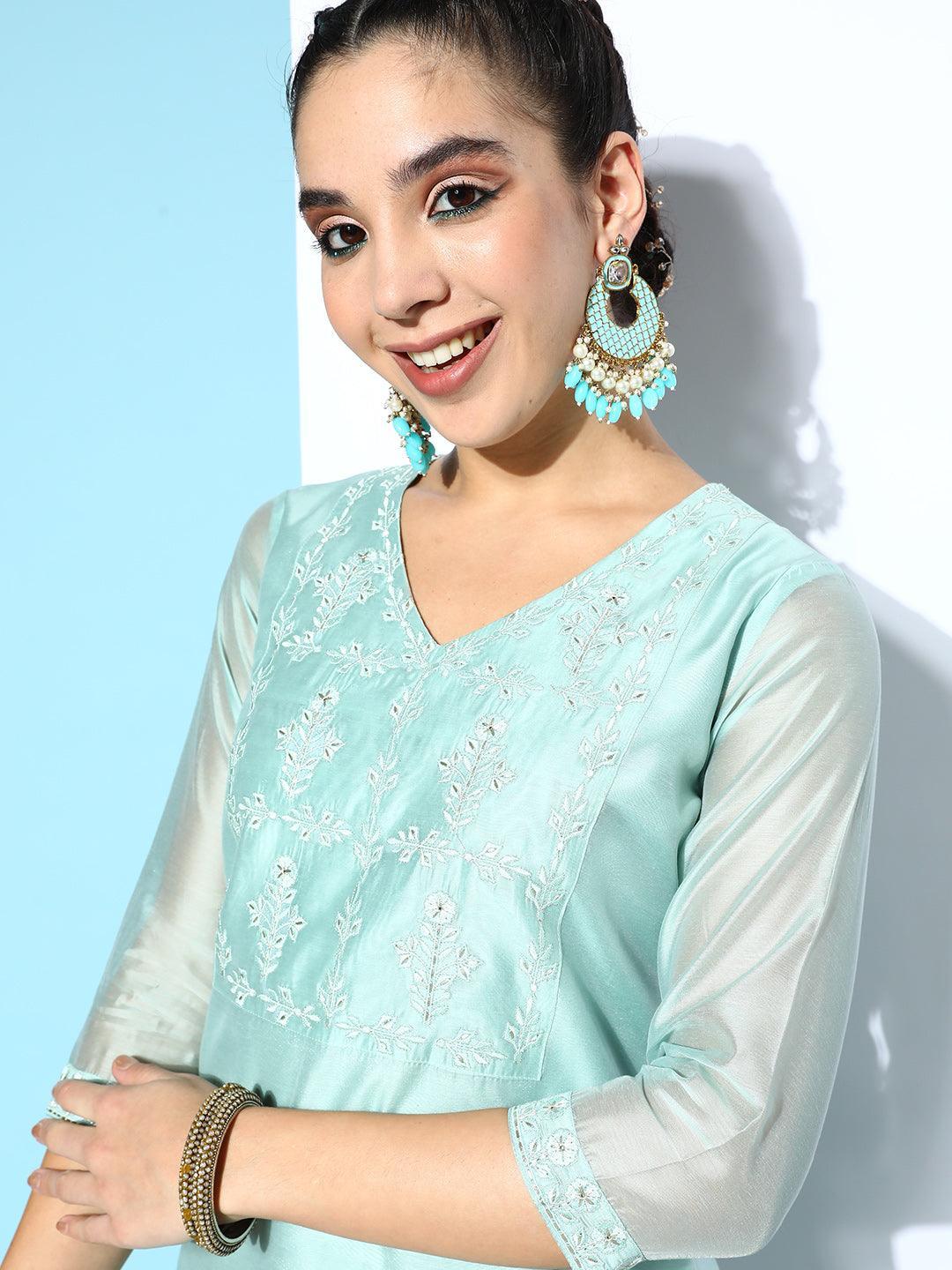 Blue Yoke Design Chanderi Cotton Straight Kurta - ShopLibas