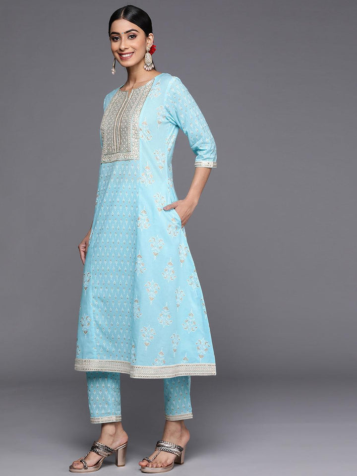 Blue Yoke Design Cotton A-Line Suit Set With Trousers