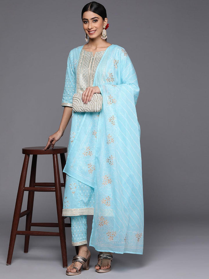 Blue Yoke Design Cotton A-Line Suit Set With Trousers