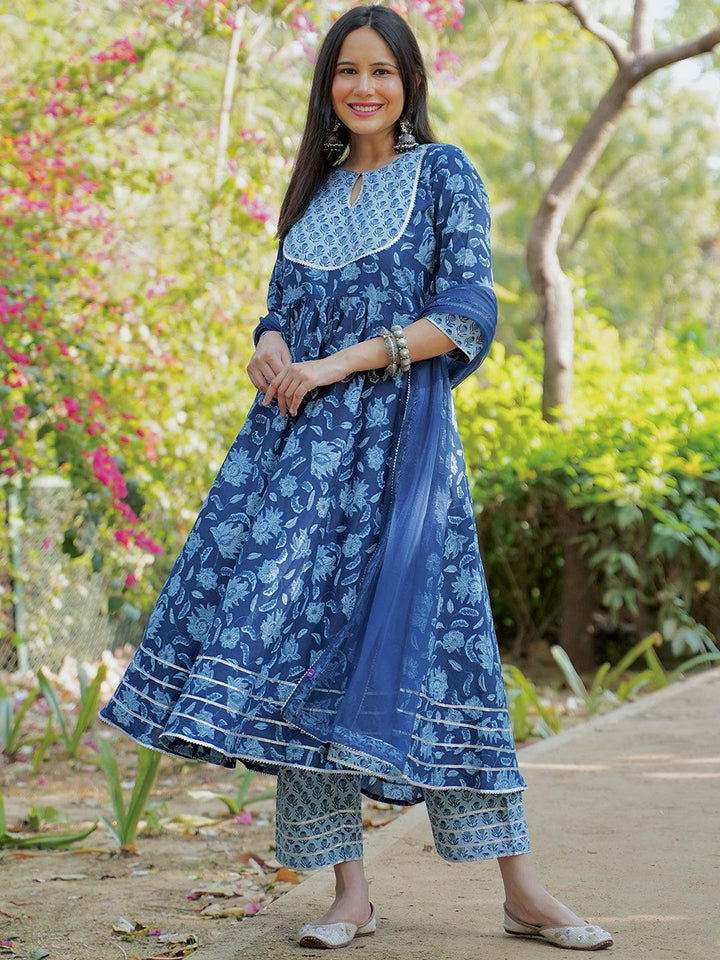 Blue Yoke Design Cotton Anarkali Suit Set With Trousers