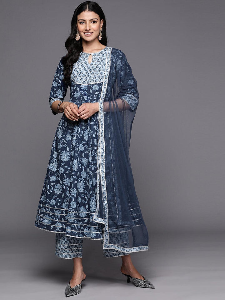 Blue Yoke Design Cotton Anarkali Suit Set With Trousers