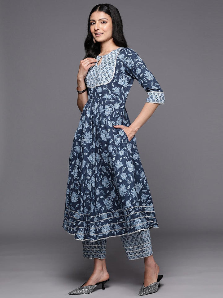 Blue Yoke Design Cotton Anarkali Suit Set With Trousers