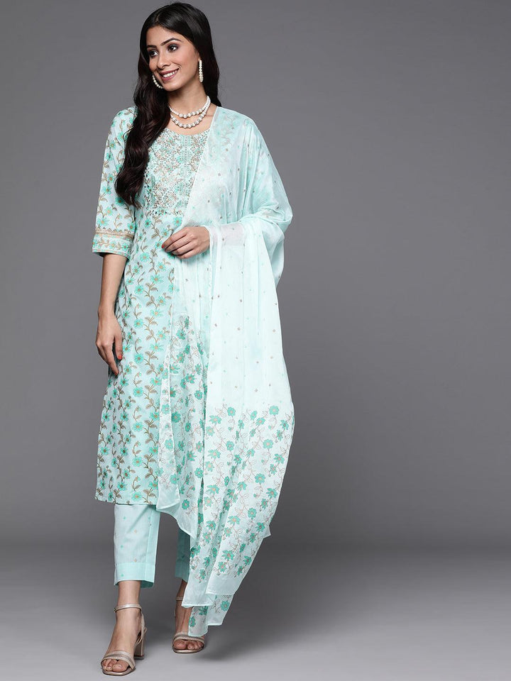 Blue Yoke Design Cotton Suit Set