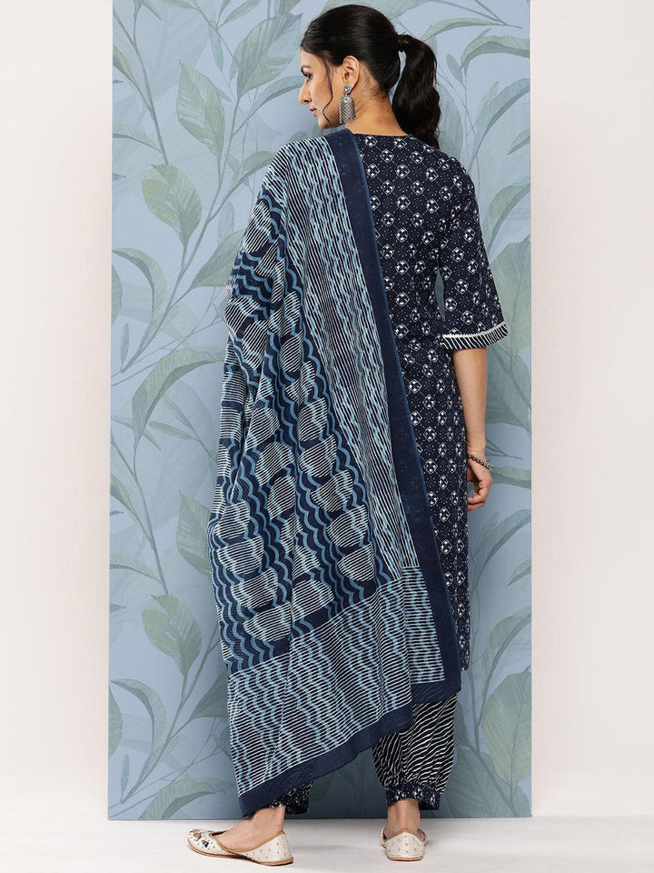 Blue Yoke Design Cotton Straight Kurta With Salwar & Dupatta