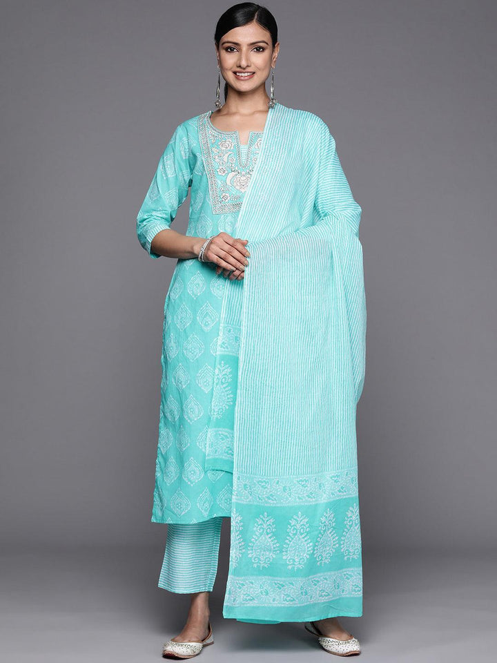 Blue Yoke Design Cotton Straight Suit Set With Trousers