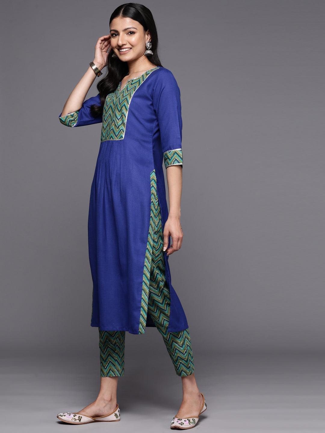 Blue Yoke Design Cotton Straight Suit Set With Trousers - ShopLibas
