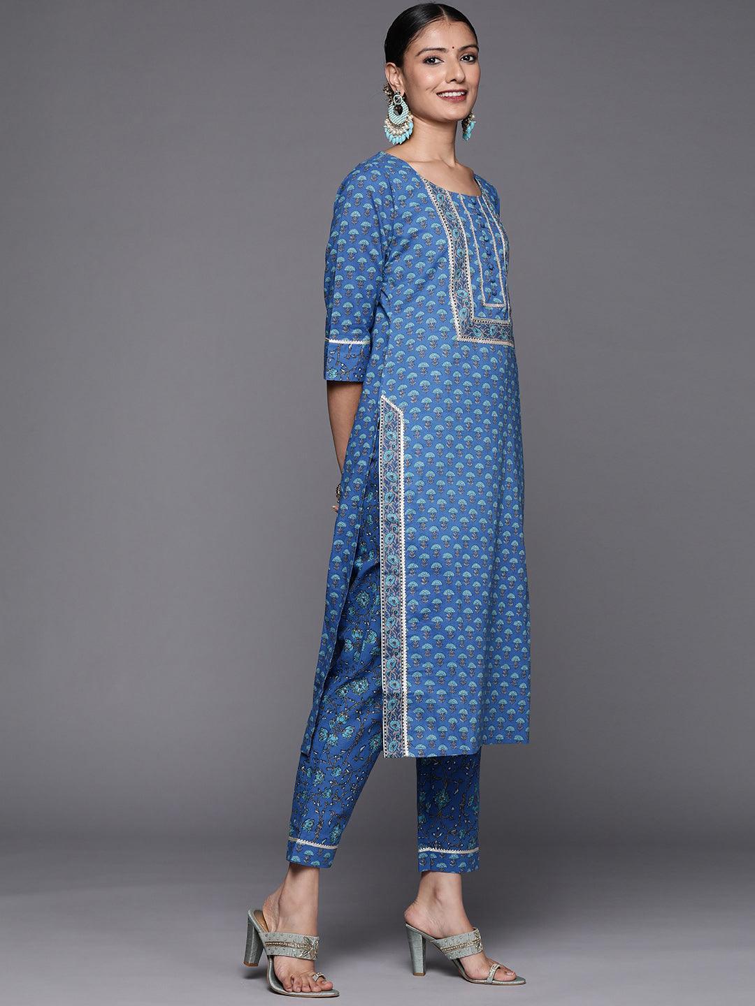Blue Yoke Design Cotton Straight Suit Set - ShopLibas