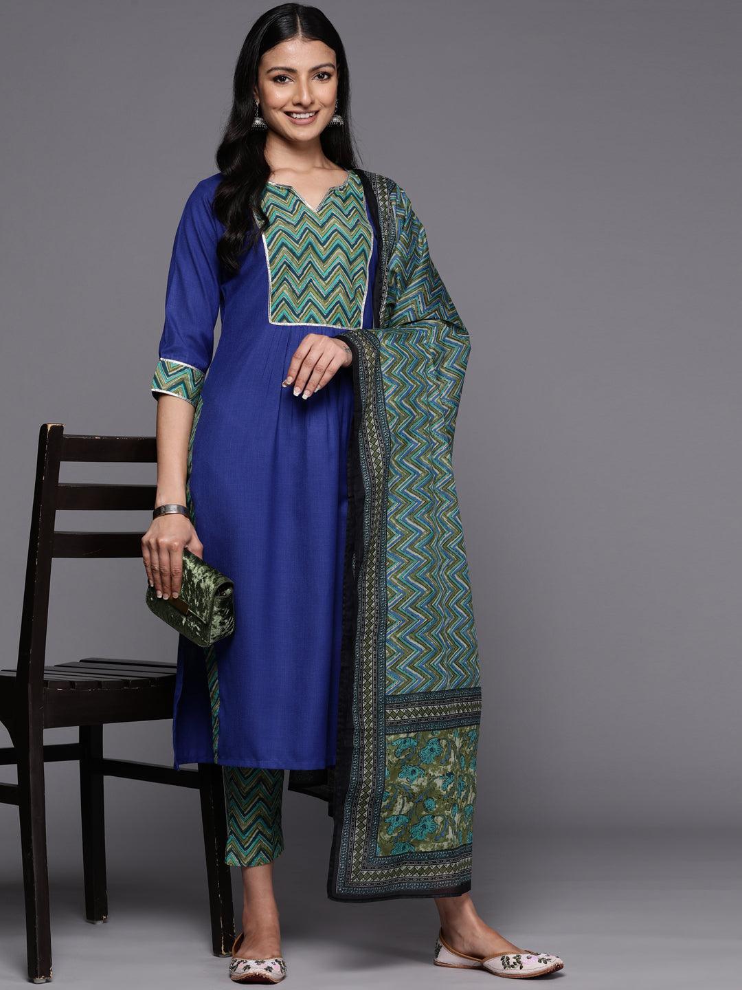 Blue Yoke Design Cotton Straight Suit Set With Trousers - ShopLibas