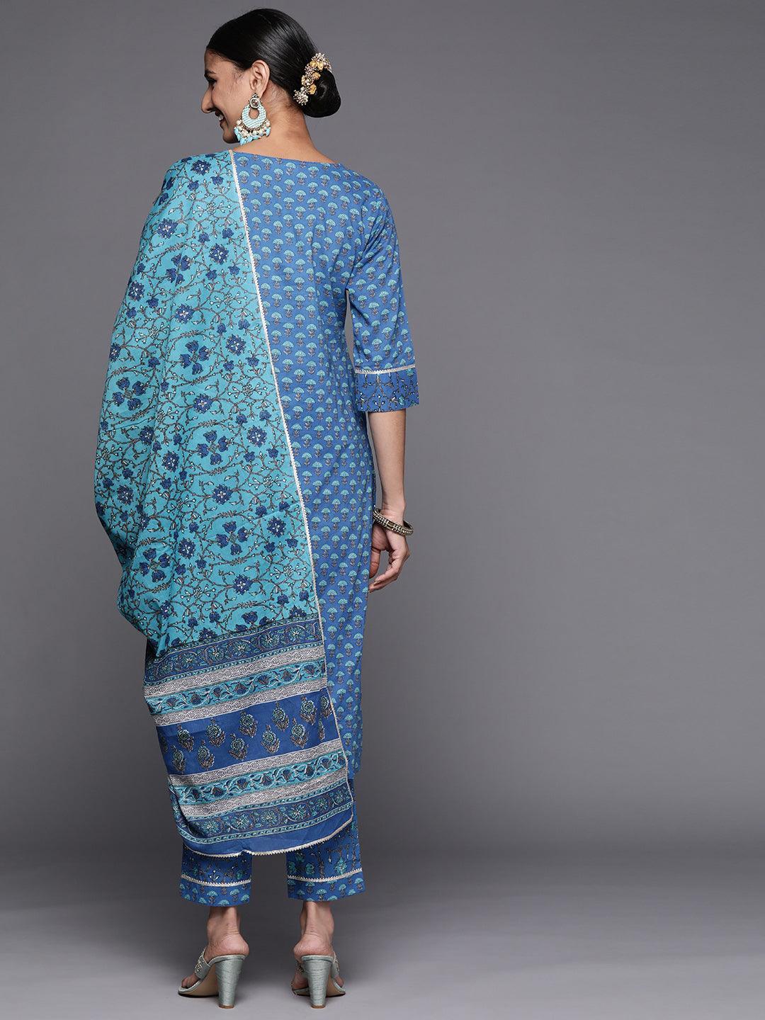 Blue Yoke Design Cotton Straight Suit Set - ShopLibas