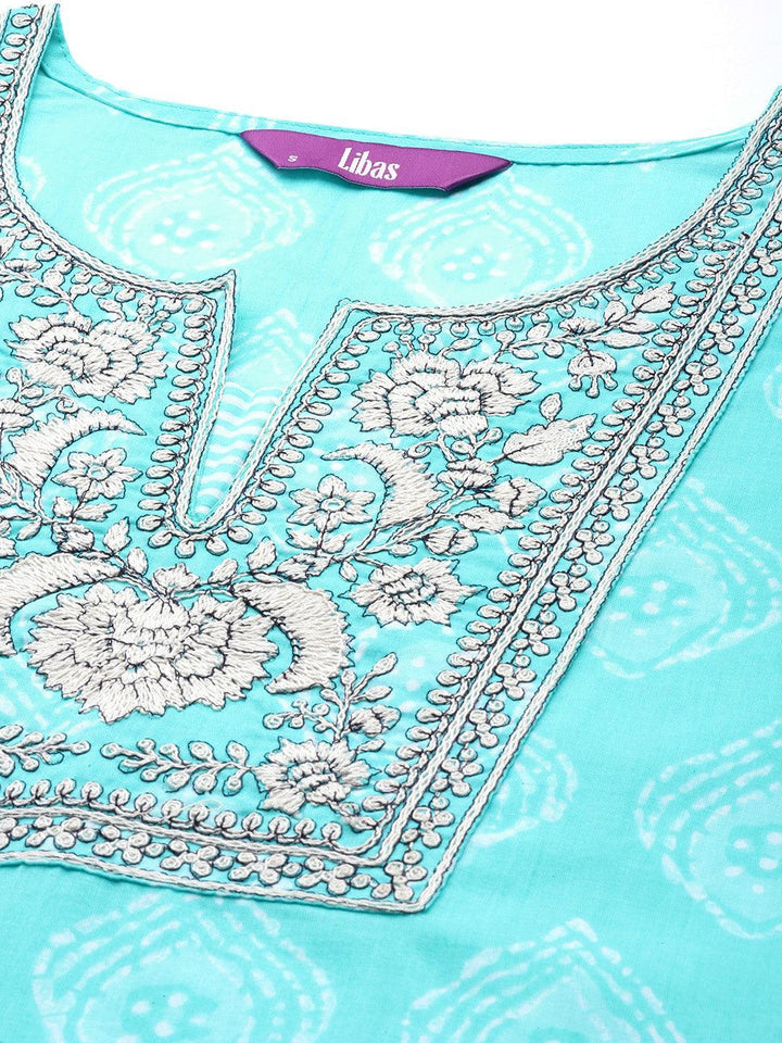 Blue Yoke Design Cotton Straight Suit Set With Trousers