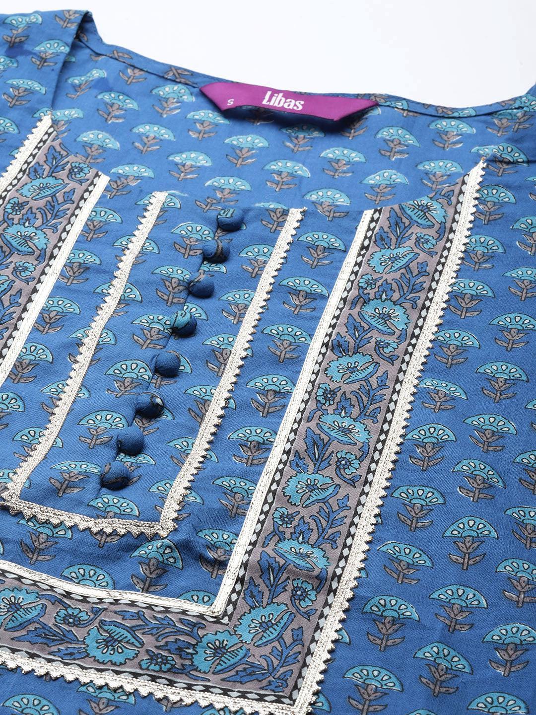 Blue Yoke Design Cotton Straight Suit Set - ShopLibas