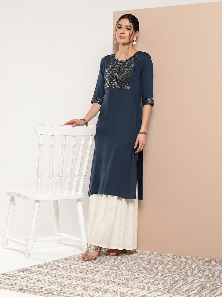 Blue Yoke Design Rayon Straight Kurta