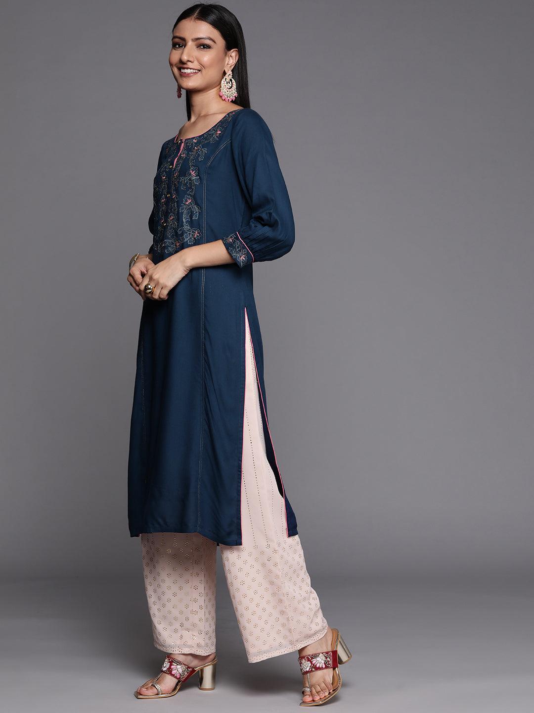 Blue Yoke Design Rayon Straight Kurta - ShopLibas