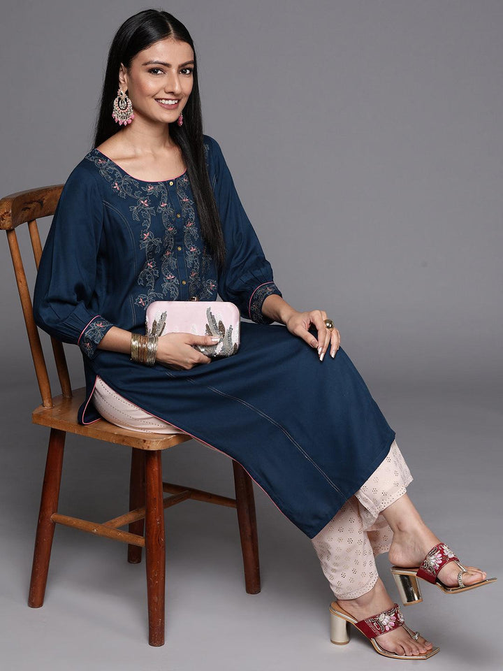 Blue Yoke Design Rayon Straight Kurta