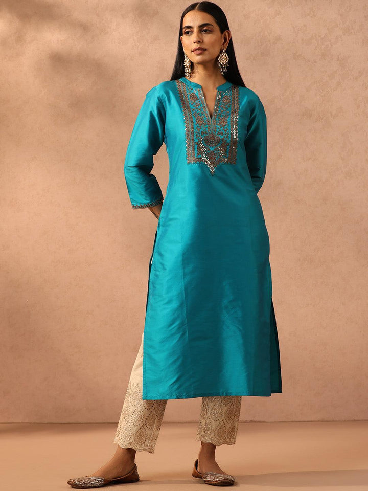 Blue Yoke Design Silk Straight Kurta