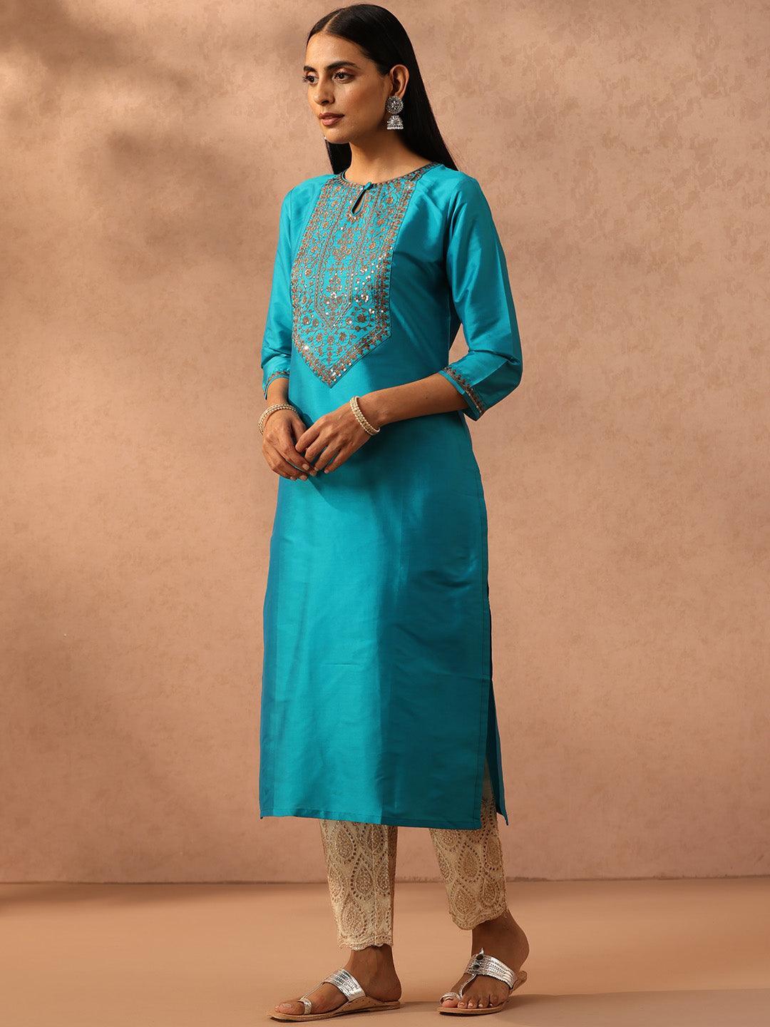 Blue Yoke Design Silk Straight Kurta - ShopLibas