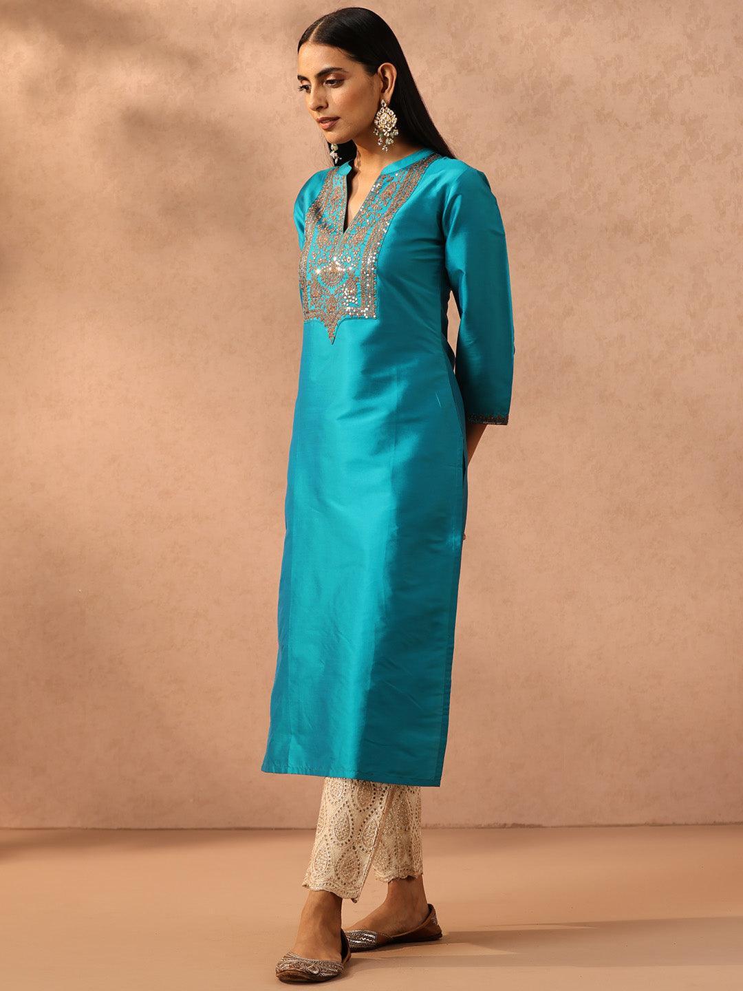 Blue Yoke Design Silk Straight Kurta - ShopLibas
