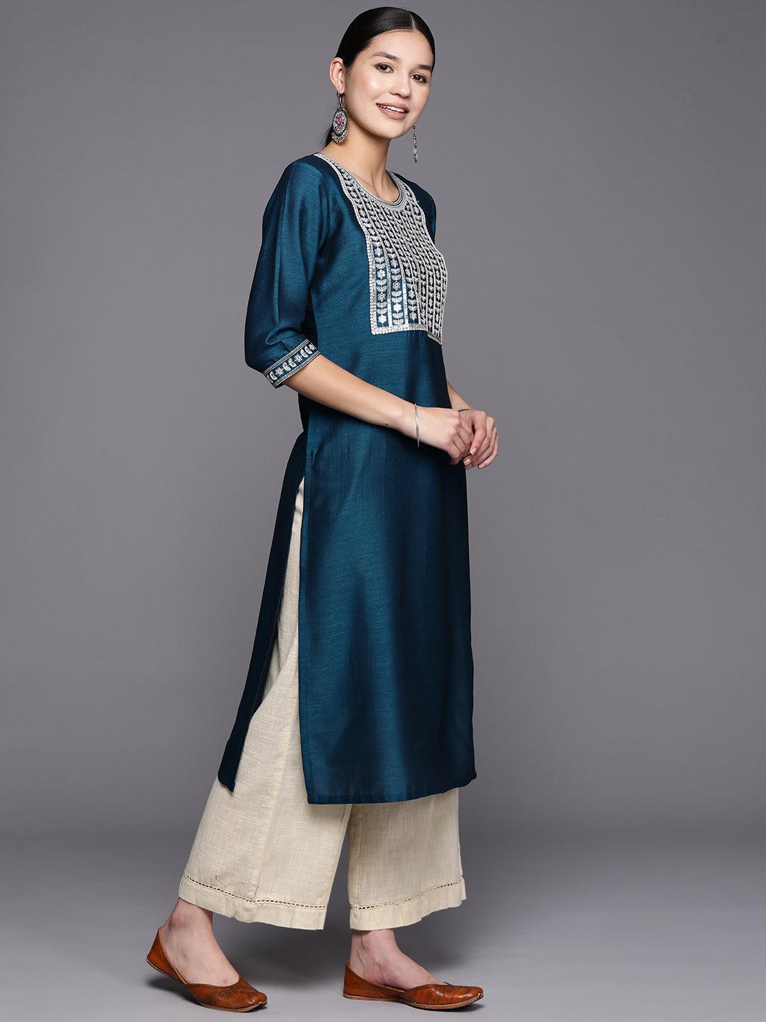 Blue Yoke Design Silk Straight Kurta - ShopLibas