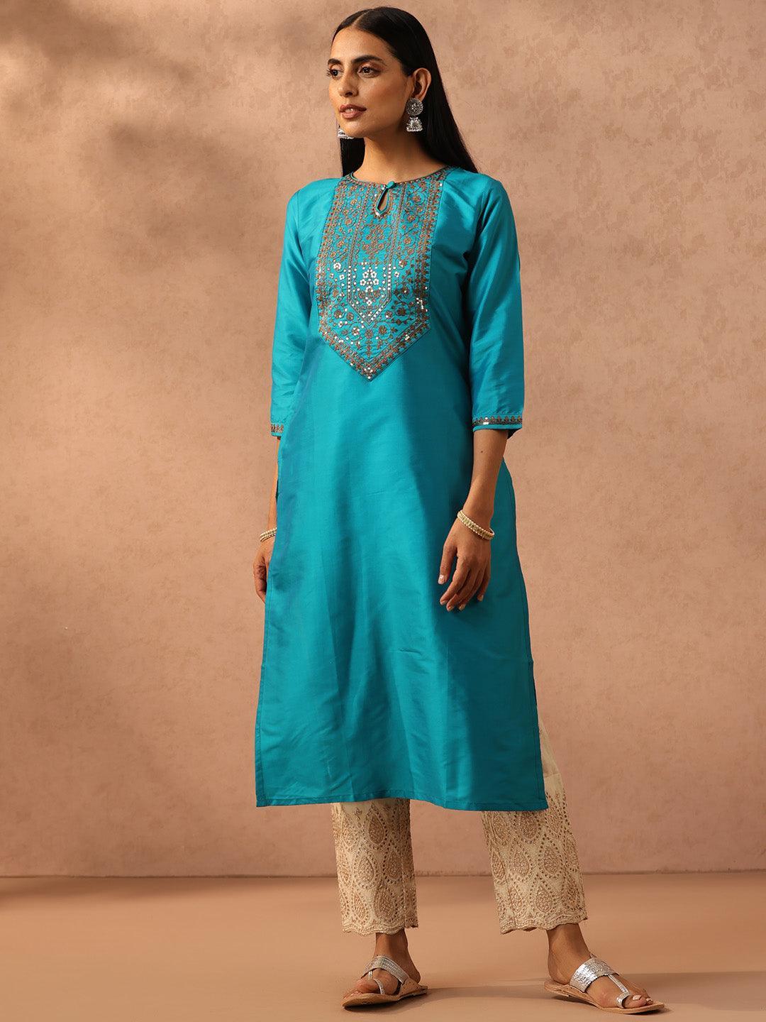 Blue Yoke Design Silk Straight Kurta - ShopLibas
