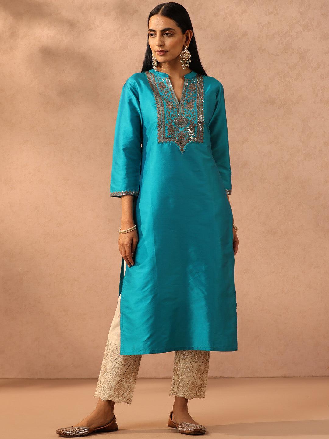 Blue Yoke Design Silk Straight Kurta - ShopLibas