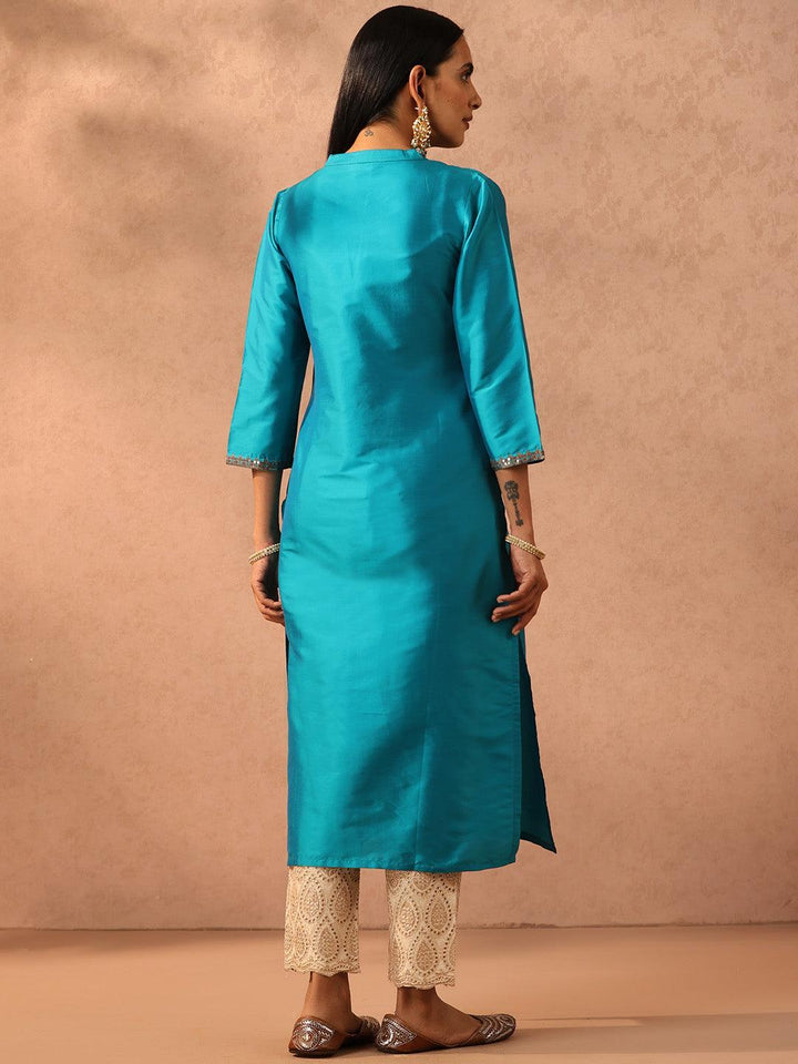 Blue Yoke Design Silk Straight Kurta
