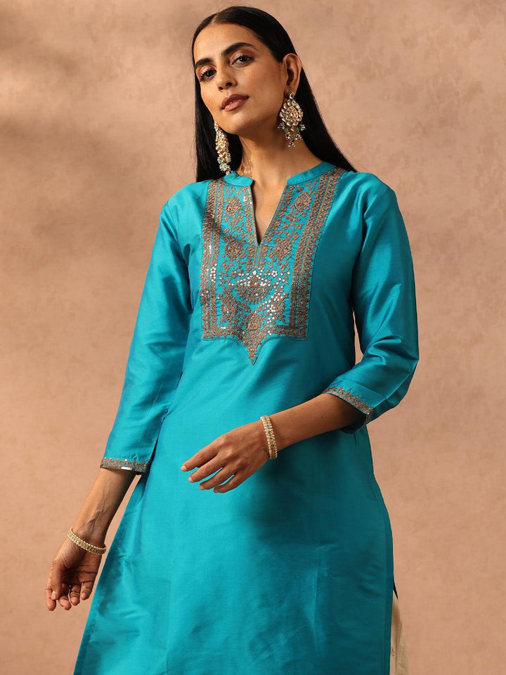 Blue Yoke Design Silk Straight Kurta