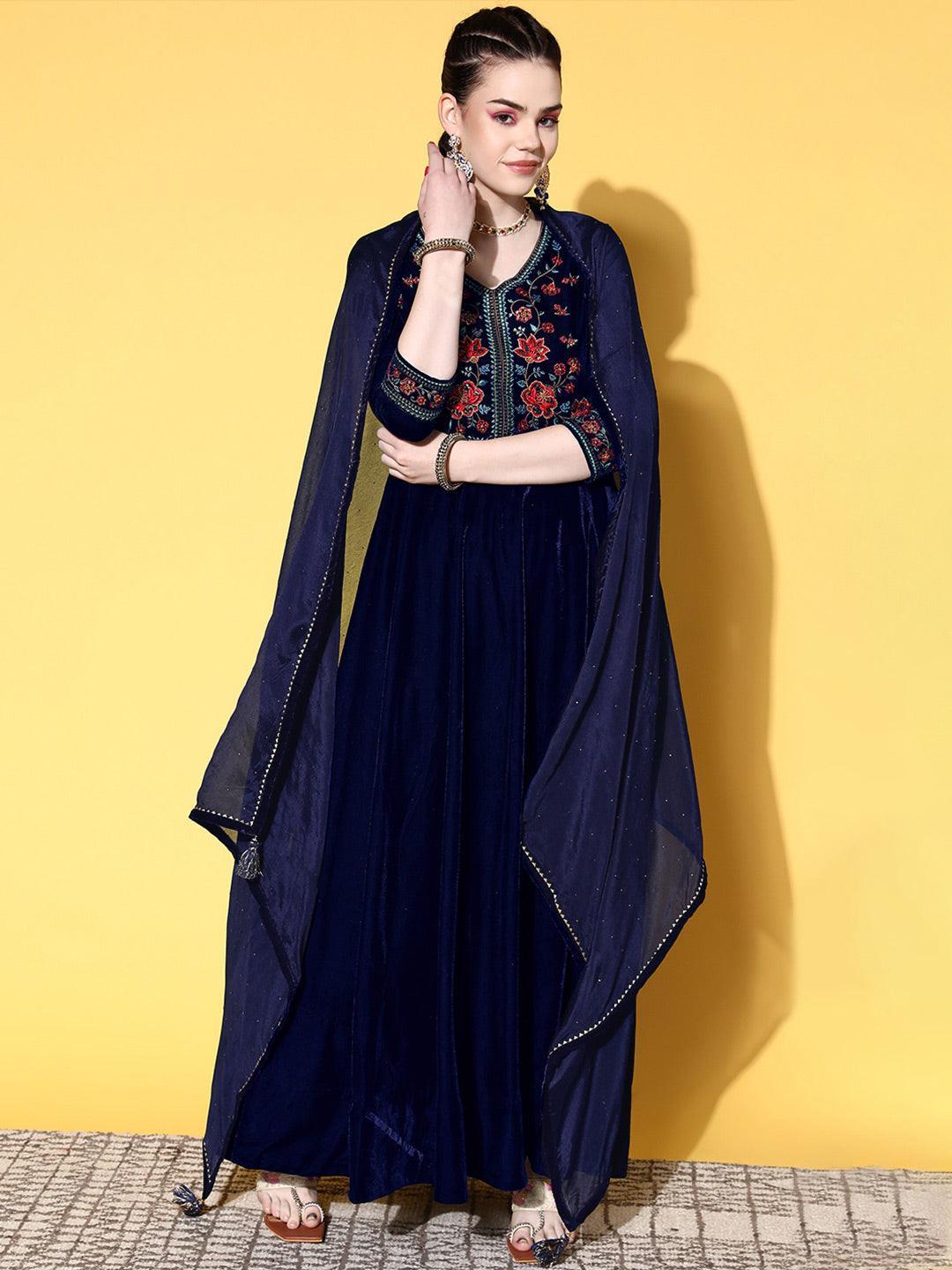 Blue Yoke Design Velvet Anarkali Suit Set - ShopLibas