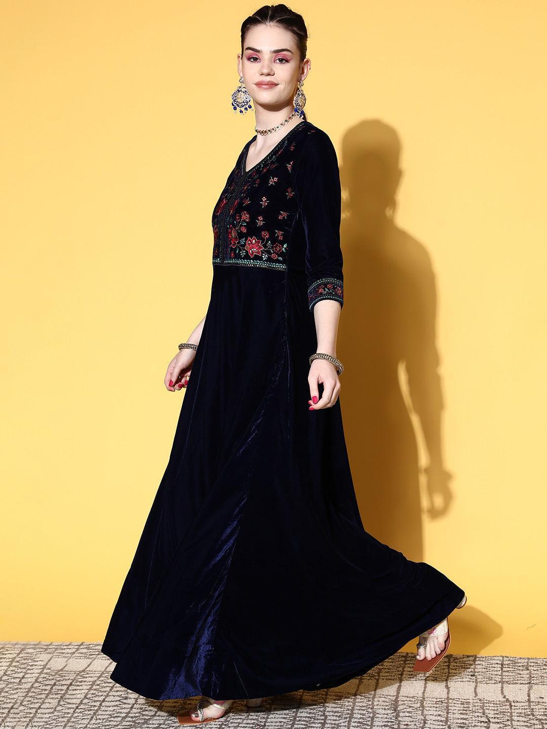 Blue Yoke Design Velvet Anarkali Suit Set - ShopLibas