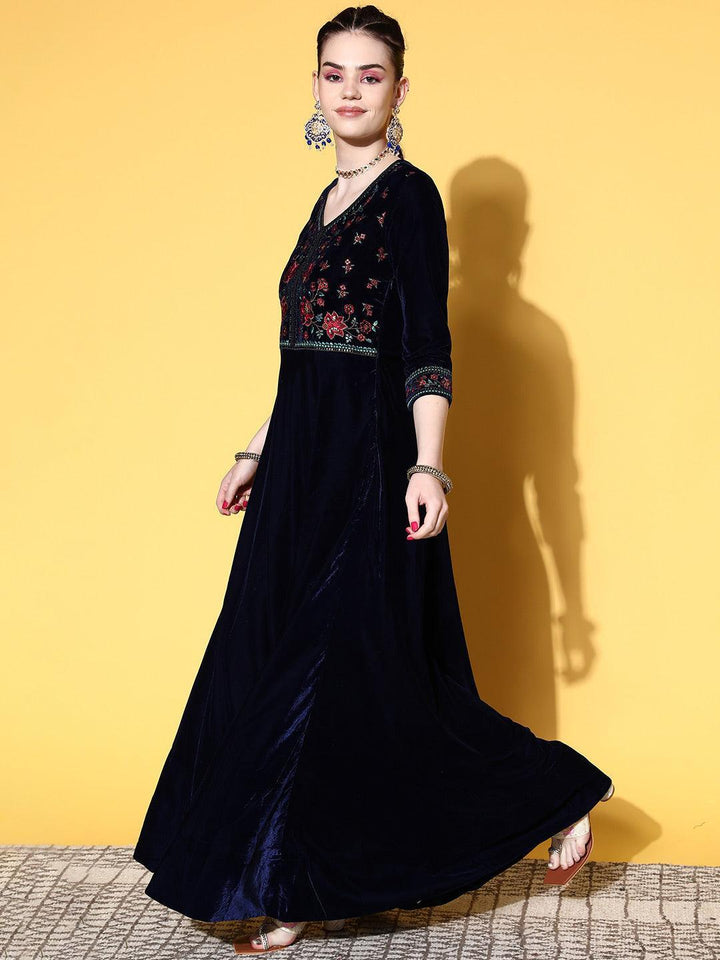 Blue Yoke Design Velvet Anarkali Suit Set