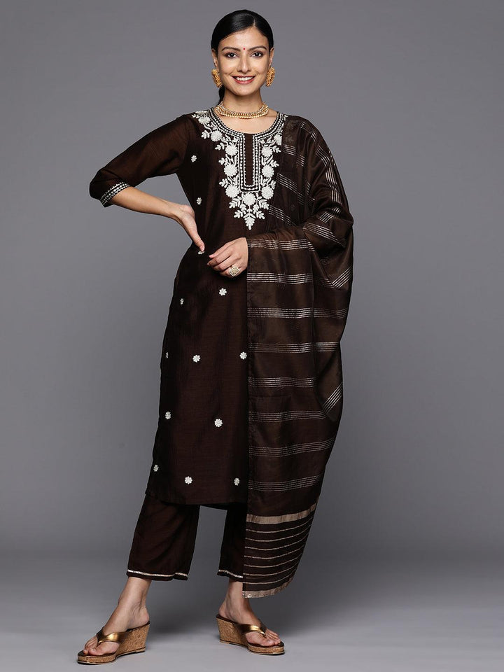 Brown Embroidered Silk Blend Straight Kurta With Trousers & Dupatta