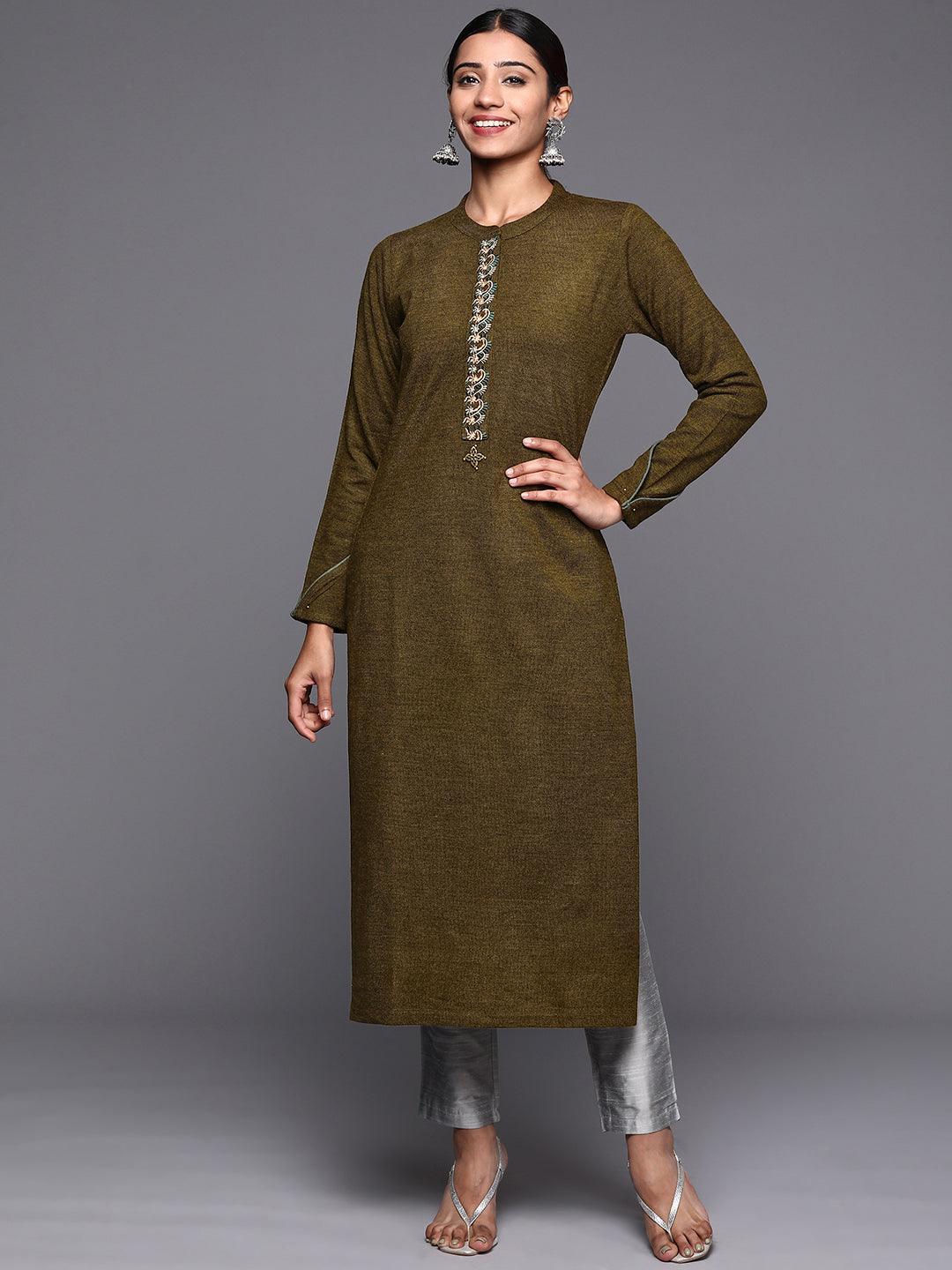Brown Embroidered Wool Straight Kurta - ShopLibas