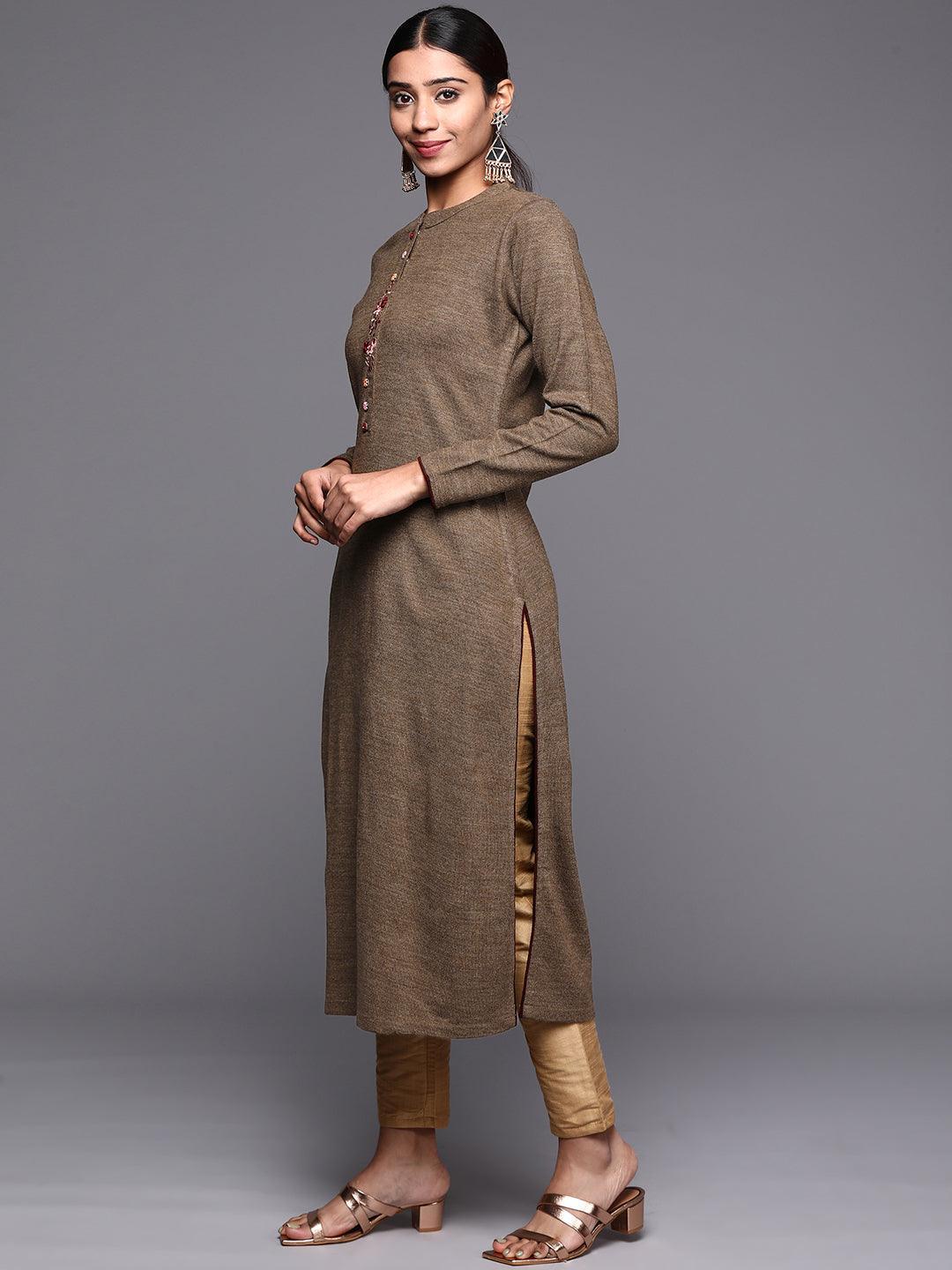 Brown Embroidered Wool Straight Kurta - ShopLibas